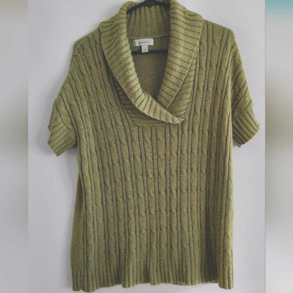 Dressbarn women's Short Sleeve Pullover V neck Cable Knit sweater with collar